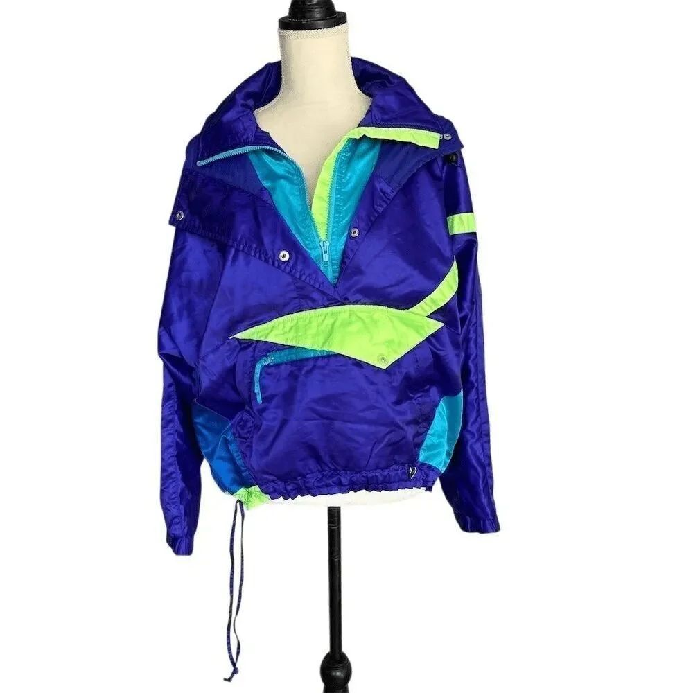 Vintage Obermeyer Women's Blue and Purple Windbreaker Jacket Size 8 80s Sports